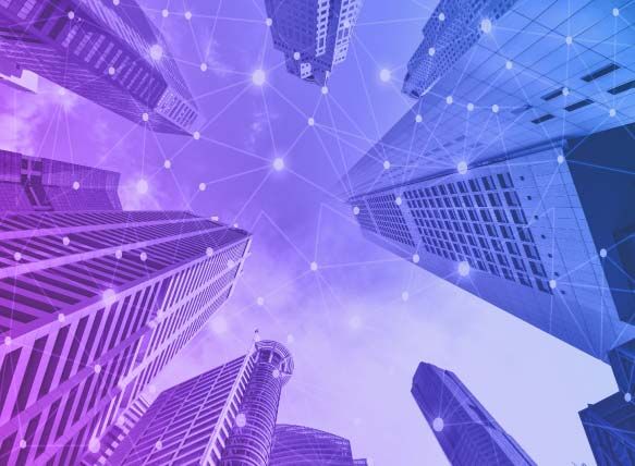 Upward view of city skyscrapers illustrating Singapore metro network use cases