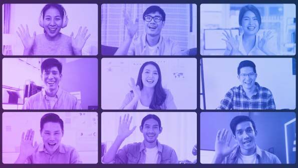 Grid of nine colleagues waving on a video call, illustrating use cases for Epsilon's UCaaS Enablement Service.